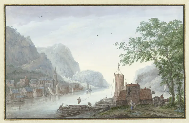 Bergachtig landschap met gezicht op een dorp aan een rivier Wall Art by Abraham Rademaker - High-Resolution Digital Print