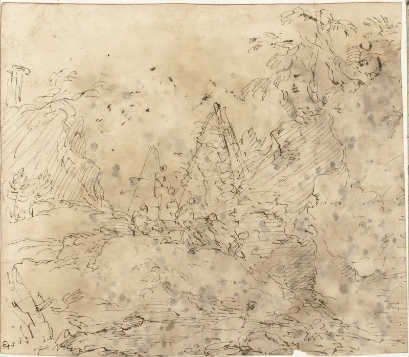 Bergachtig landschap met twee piramides en een aantal figuren Wall Art by Salvator Rosa - High-Resolution Digital Print