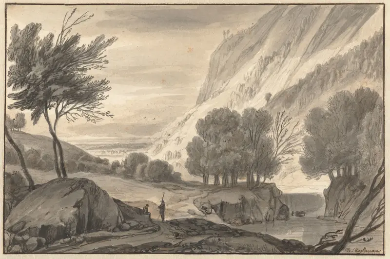 Bergachtig landschap met twee wandelaars Wall Art by Roelant Roghman - High-Resolution Digital Print