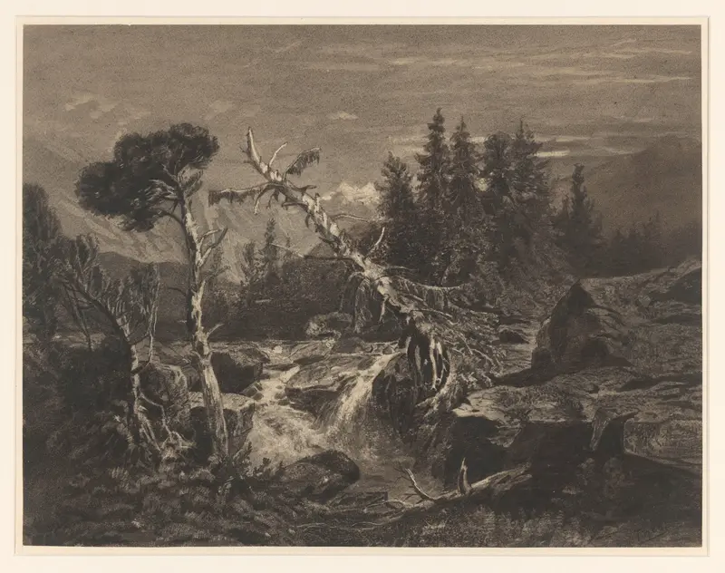 Bergachtig landschap met waterval en boomstronken Wall Art by Unknown - High-Resolution Digital Print