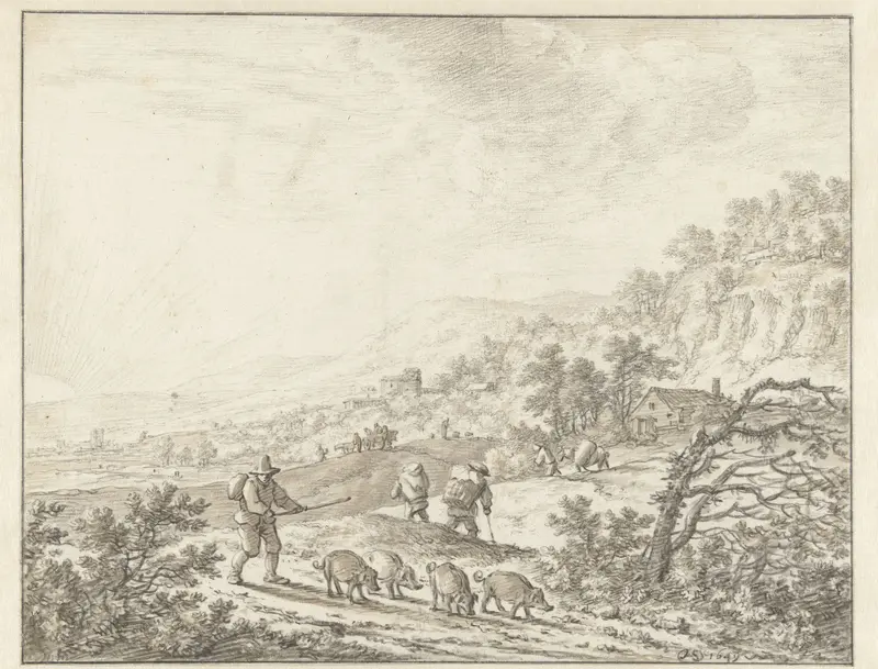 Bergachtig landschap met zonsondergang Wall Art by Herman Saftleven - High-Resolution Digital Print