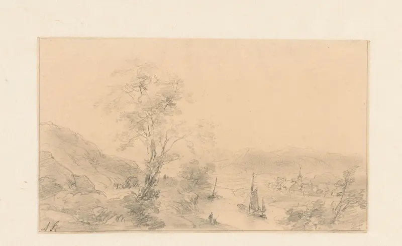 Bergachtige landschap met rivier en dorpje Wall Art by Andreas Schelfhout - High-Resolution Digital Print