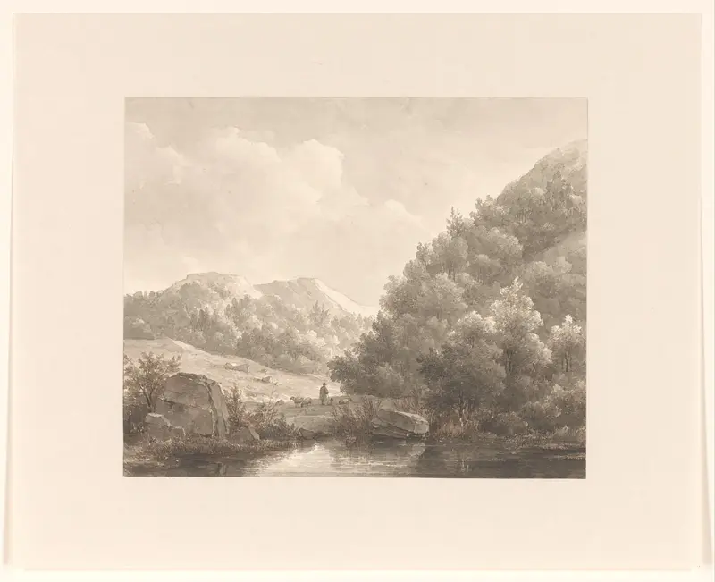 Berglandschap met beekje, herder en schapen Wall Art by Andreas Schelfhout - High-Resolution Digital Print