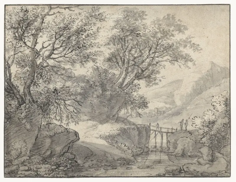 Berglandschap met bomen en een brug over een beek Wall Art by Anthonie Waterloo - High-Resolution Digital Print
