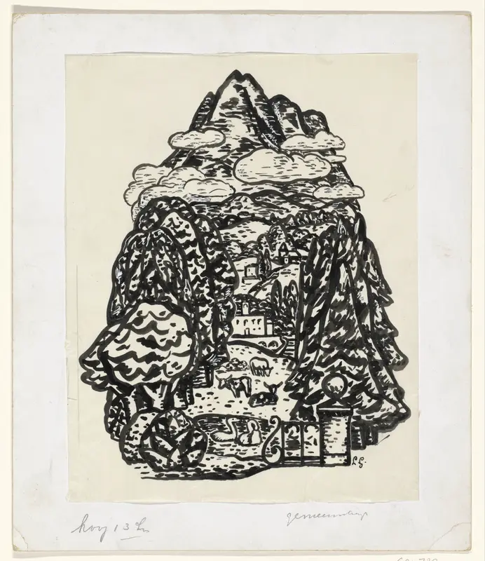 Berglandschap met bomen en vee Wall Art by Unknown - High-Resolution Digital Print