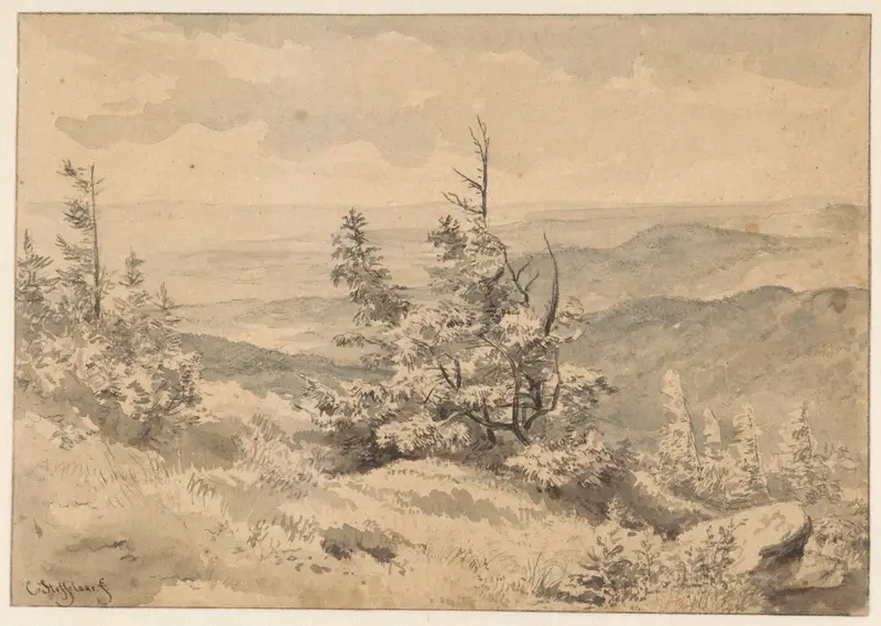 Berglandschap met dennen op de voorgrond Wall Art by Cornelis Steffelaar - High-Resolution Digital Print