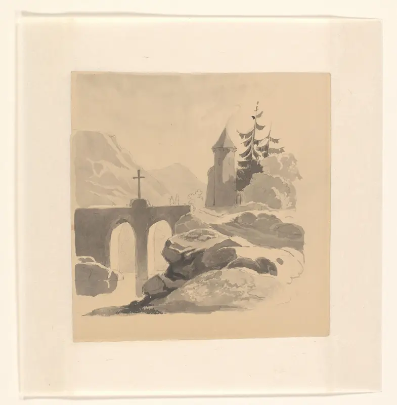 Berglandschap met een brug en toren Wall Art by Johannes van Reijn - High-Resolution Digital Print