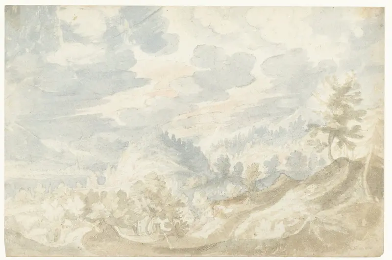 Berglandschap met een gezicht op een dal (van de Donau?) en een kerktoren Wall Art by Frederik van Valckenborch - High-Resolution Digital Print