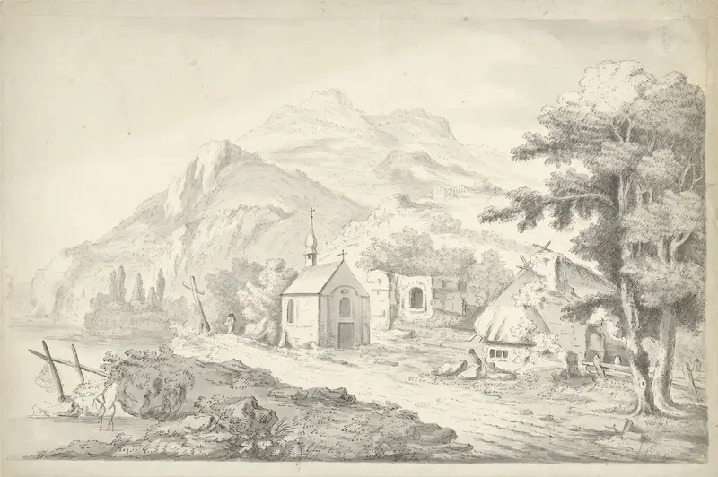Berglandschap met een kapelletje aan een meer Wall Art by Unknown - High-Resolution Digital Print