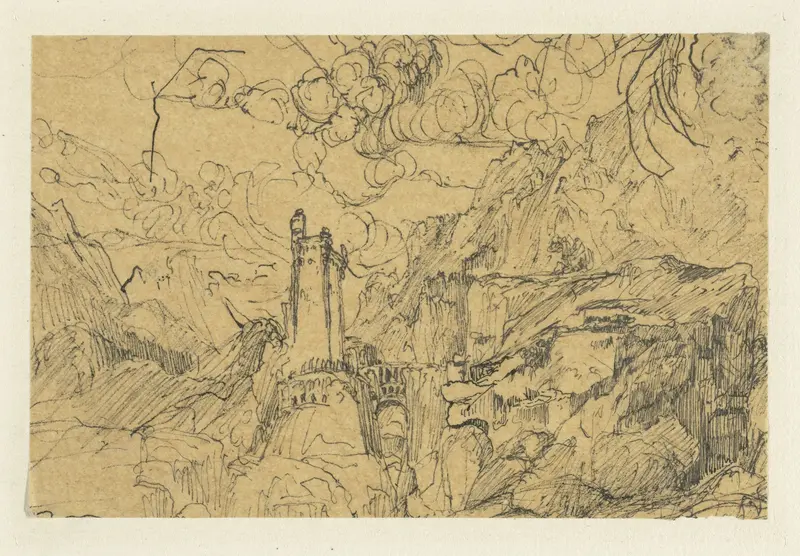 Berglandschap met een kasteel bij een overbrugde kloof Wall Art by Rodolphe Bresdin - High-Resolution Digital Print
