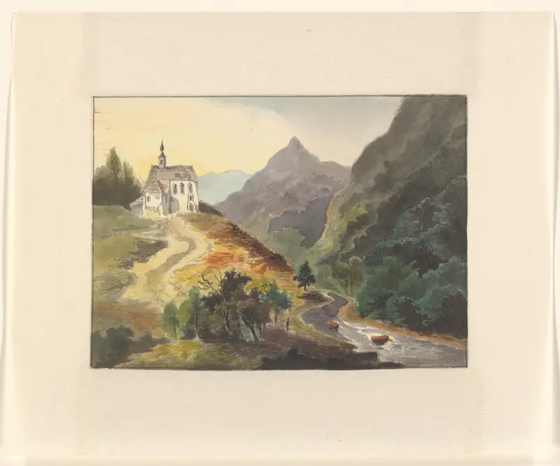 Berglandschap met een kerk bij een rivier Wall Art by Johannes van Reijn - High-Resolution Digital Print