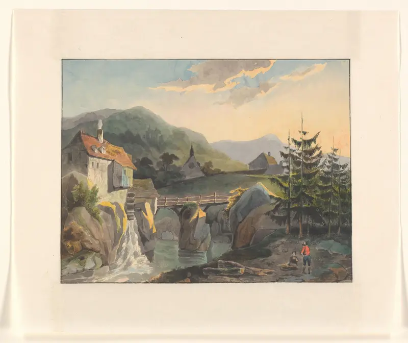 Berglandschap met een watermolen en brug over een rivier Wall Art by Johannes van Reijn - High-Resolution Digital Print