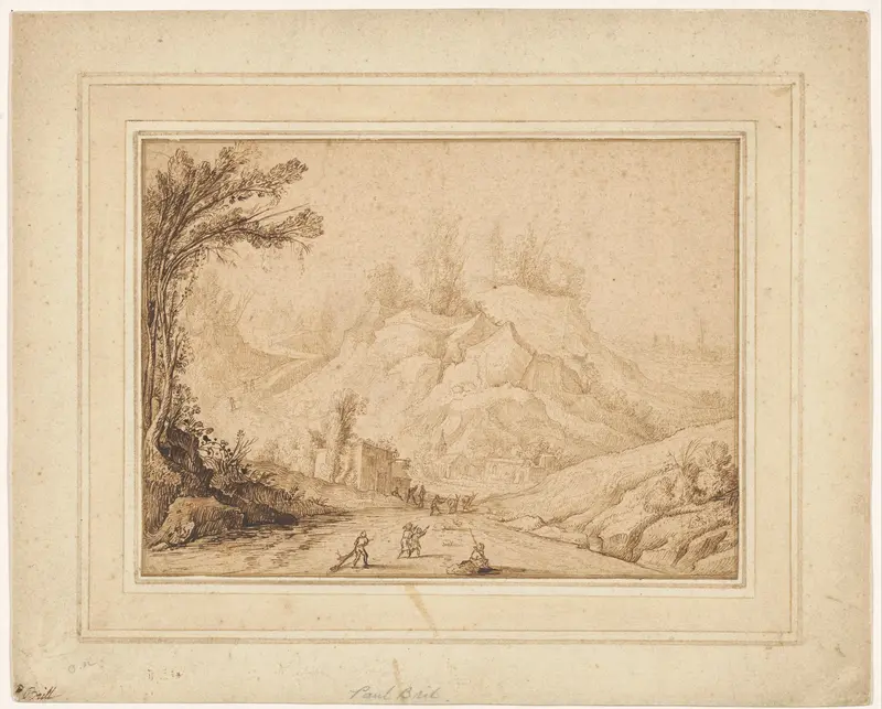 Berglandschap met figuren op een weg bij een herberg Wall Art by Hendrick Cornelisz Vroom - High-Resolution Digital Print