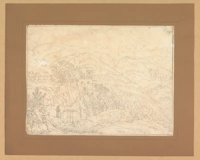Berglandschap met gebouw, met op de voorgrond een passant Wall Art by Unknown - High-Resolution Digital Print