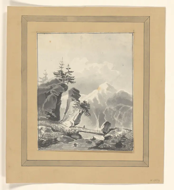 Berglandschap met houten brug over een rivier Wall Art by Johannes van Reijn - High-Resolution Digital Print