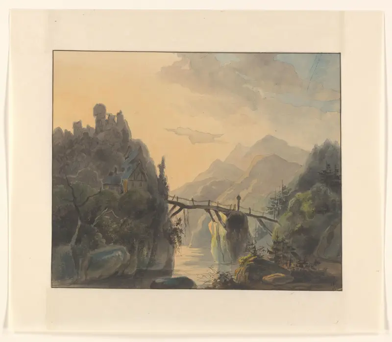 Berglandschap met houten brug over een rivier Wall Art by Unknown - High-Resolution Digital Print