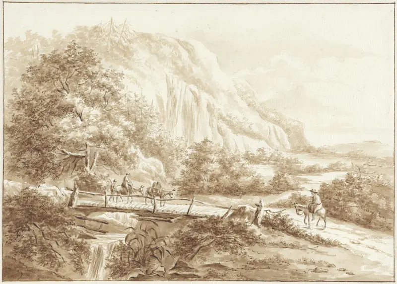 Berglandschap met reizigers op ezels, die een houten brug oversteken Wall Art by W.C.E. Roelofs - High-Resolution Digital Print