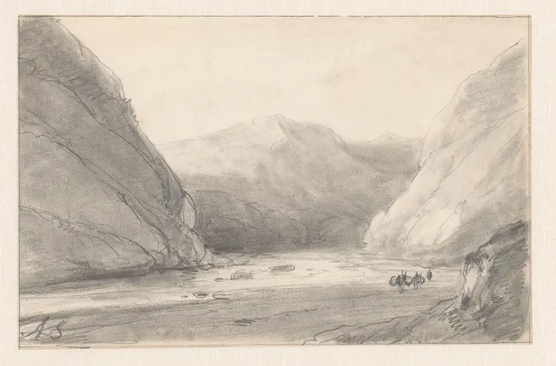 Berglandschap met rivier en een figuur met twee bepakte ezels Wall Art by Andreas Schelfhout - High-Resolution Digital Print