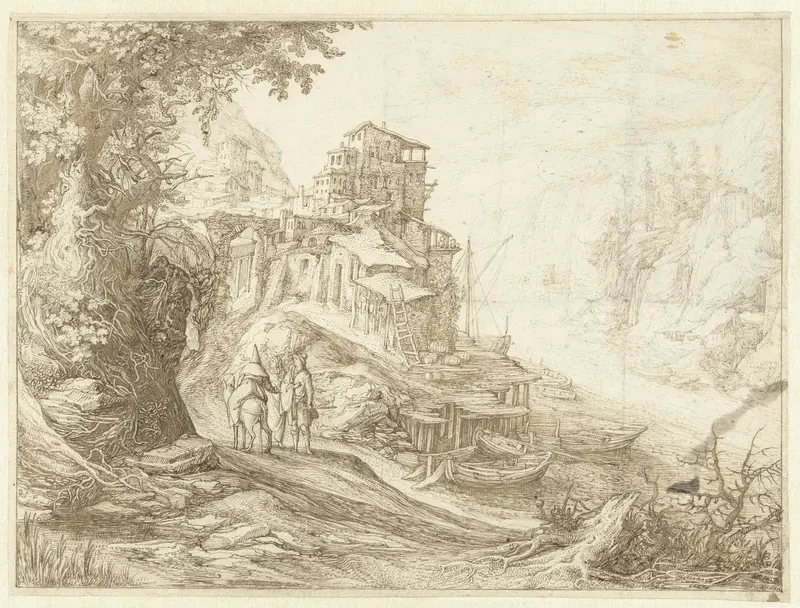 Berglandschap met rivier, huizen op een rots en figuren Wall Art by Guilliam van Nieulandt (II) - High-Resolution Digital Print