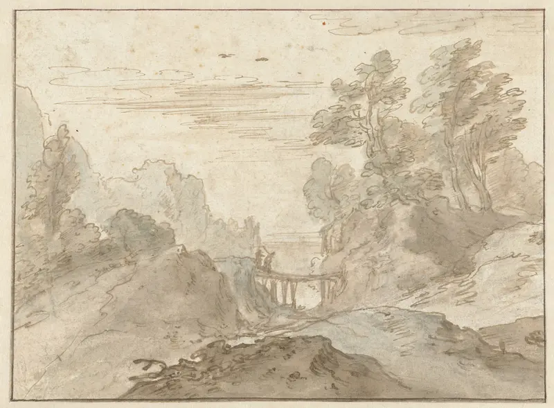 Berglandschap met twee figuren op een smalle brug Wall Art by Unknown - High-Resolution Digital Print