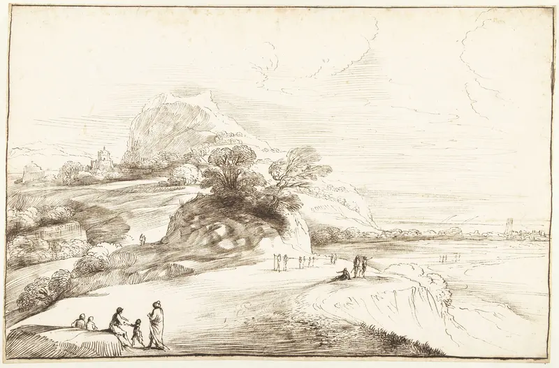 Berglandschap met uitzicht op een vlakte Wall Art by Guercino - High-Resolution Digital Print