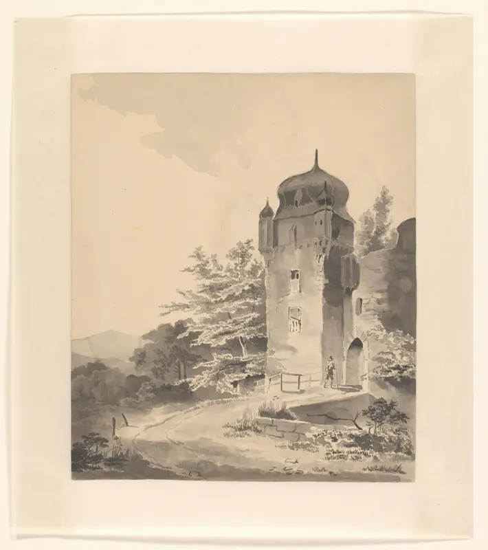 Berglandschap met wandelaar bij een toren Wall Art by Johannes van Reijn - High-Resolution Digital Print