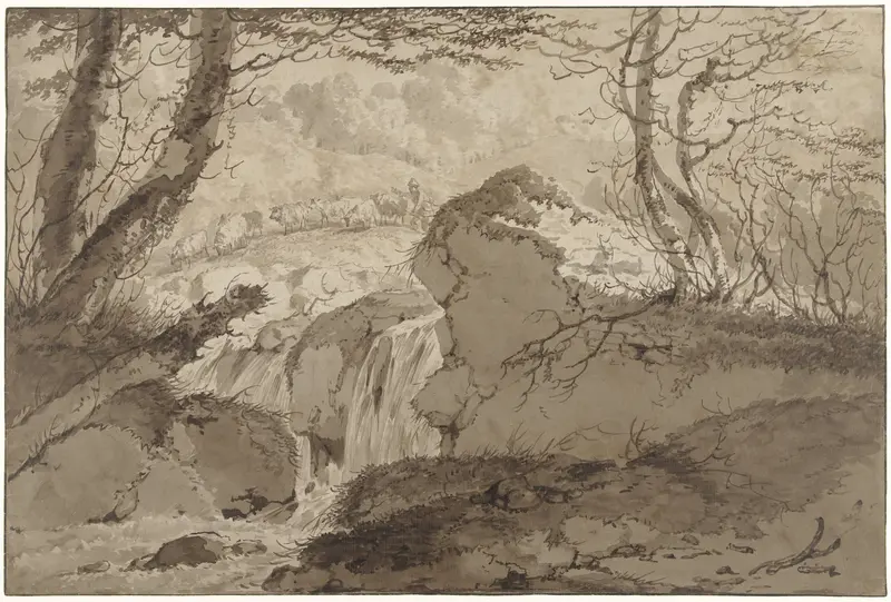 Berglandschap met waterval tussen bomen, waarlangs een schaapherder zijn kudde voert Wall Art by Gerard van Nijmegen - High-Resolution Digital Print