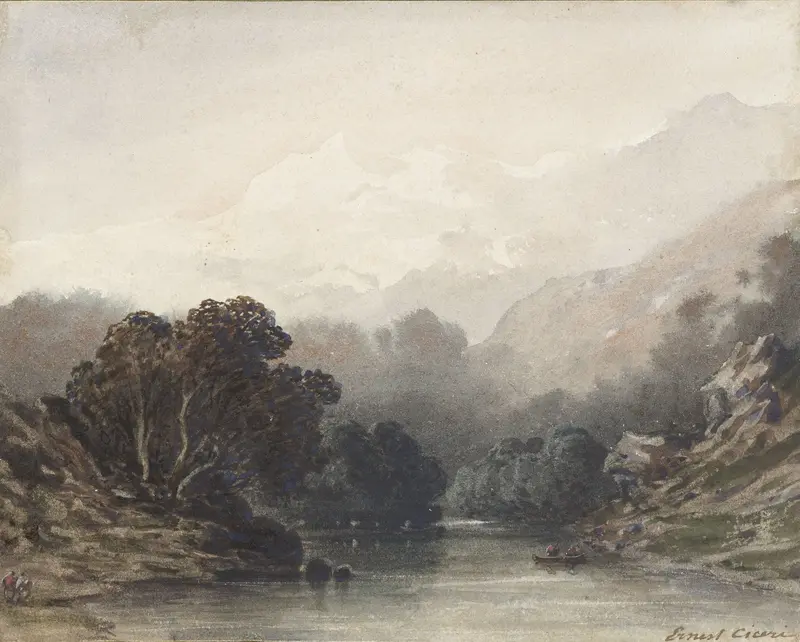 Bergmeer in de schaduw van donker geboomte, erachter lichte heuvels en sneeuwtoppen Wall Art by Ernest Cicéri - High-Resolution Digital Print