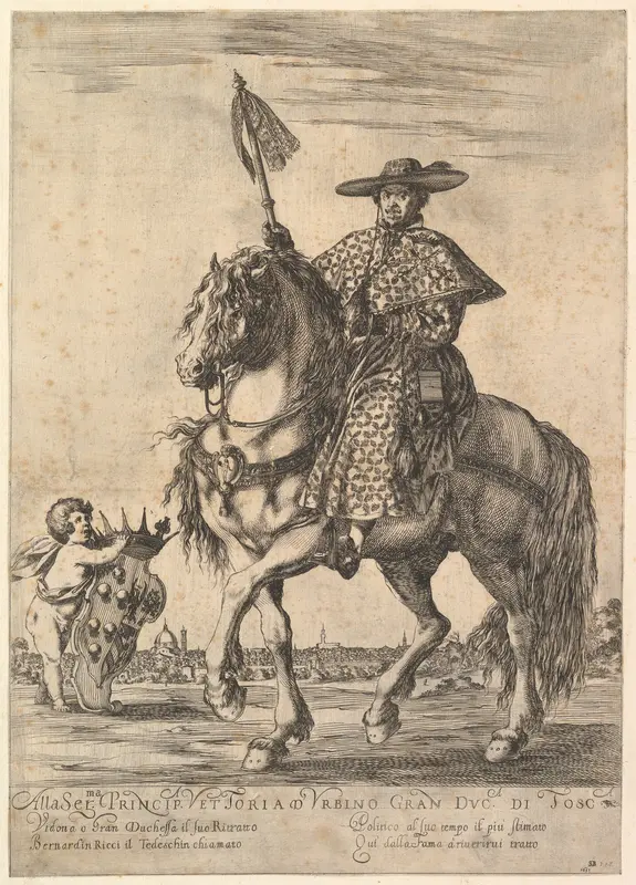 Bernardino Ricci, called il Tedeschino, atop a horse in center, riding towards the left, wearing a long robe, a cape, and a hat, holding a staff in his right hand, a putto holding the Medici coat of arms at bottom left, Florence in the background Wall Art by Stefano della Bella - High-Resolution Digital Print