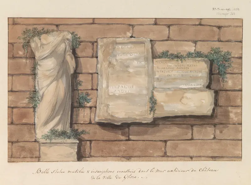 Beschadigd beeld en inscripties gemetseld in muur van kasteel in stad Gozo Wall Art by Louis Ducros - High-Resolution Digital Print