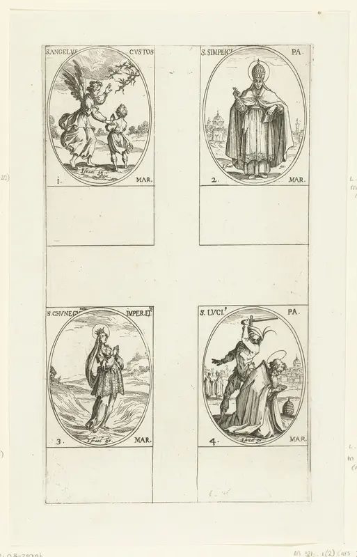 Beschermengel, Heilige Simplicius, Heilige Kunigonda, Heilige Lucius I (1-4 maart) Wall Art by Jacques Callot - High-Resolution Digital Print
