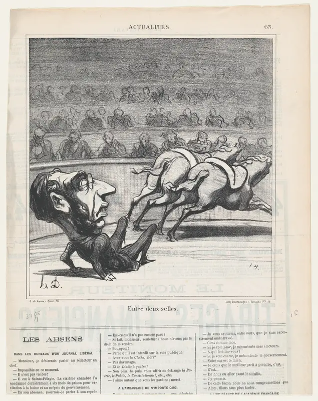 Between two chairs, from 'News of the day,' published in Le Charivari, April 15, 1869 Wall Art by Honoré Daumier - High-Resolution Digital Print