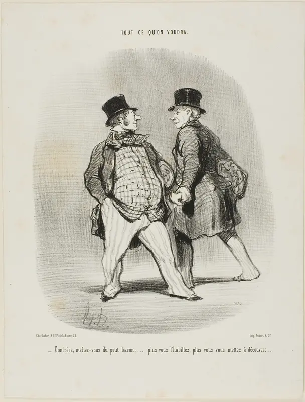 “- Beware my friend of the little baron... the more you dress him the less secured you will be,” plate 49 from Tout Ce Qu'on Voudra