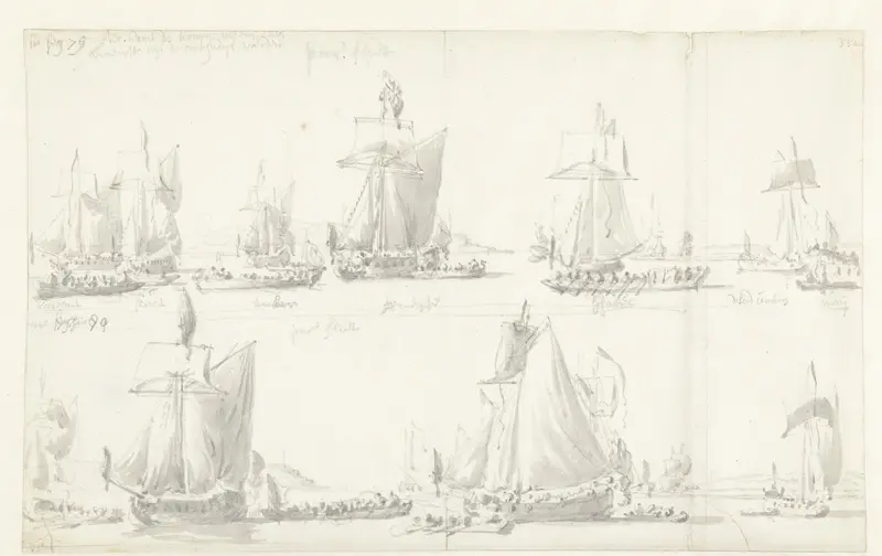 Bezoek van de Engelse koning Karel II aan twee Oost-Indiëvaarders tijdens zijn tocht op 27 Augustus 1681 Wall Art by Willem van de Velde (I) - High-Resolution Digital Print