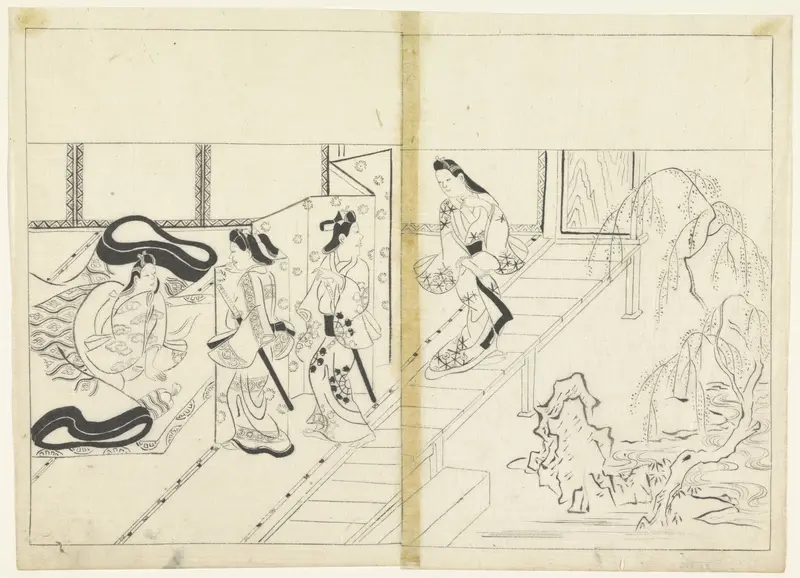 Bezoek van twee samourai aan een dame, rechts een tuin Wall Art by Hishikawa Moronobu - High-Resolution Digital Print