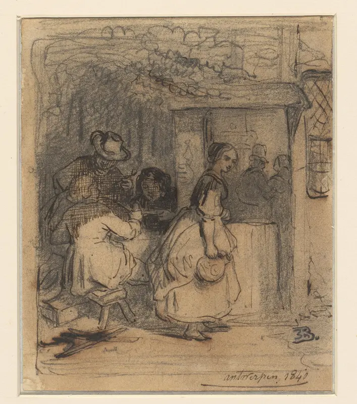 Bezoekers op een terras voor een herberg Wall Art by Eugène François de Block - High-Resolution Digital Print