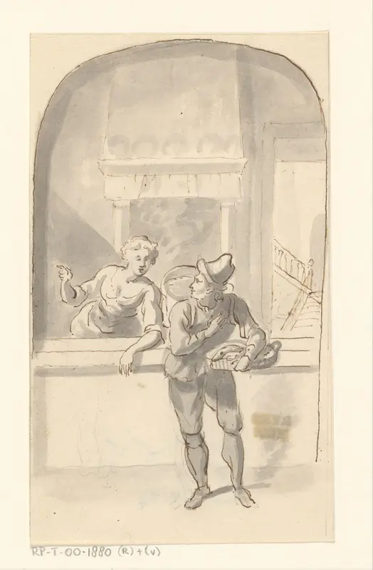 Bezorger bij vrouw achter toonbank Wall Art by anonymous - High-Resolution Digital Print