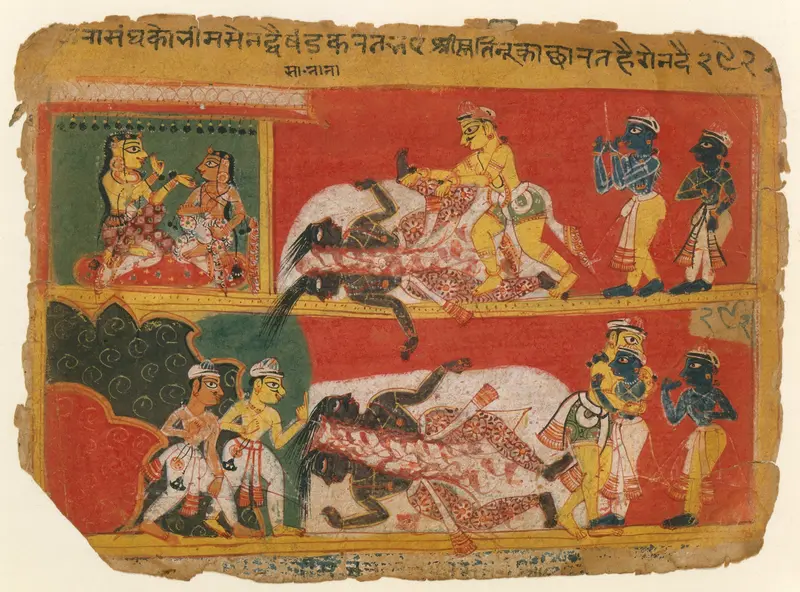 Bhima Slays Jarasandha: Page from a Bhagavata Purana Manuscript Wall Art by Unknown - High-Resolution Digital Print
