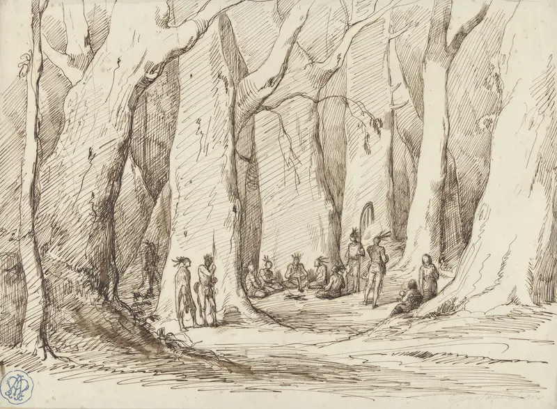 Bijeenkomst van oorspronkelijke Amerikanen in een bos Wall Art by Gustave Doré - High-Resolution Digital Print