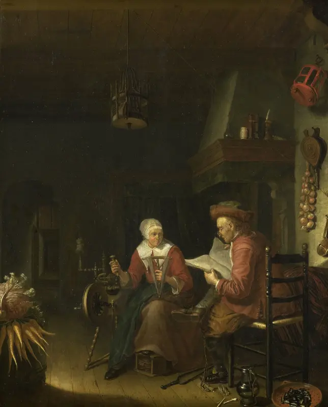 Binnenhuis met lezende man en haspelende vrouw Wall Art by Unknown - High-Resolution Digital Print
