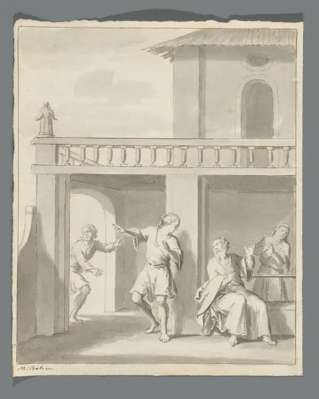 Binnenplaats met oudere man, vrouw en twee jongere mannen Wall Art by Unknown - High-Resolution Digital Print