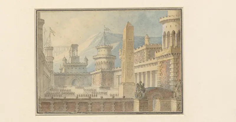 Binnenplaats van een versterkt kasteel met obelisk, troepen in het gelid Wall Art by Unknown - High-Resolution Digital Print