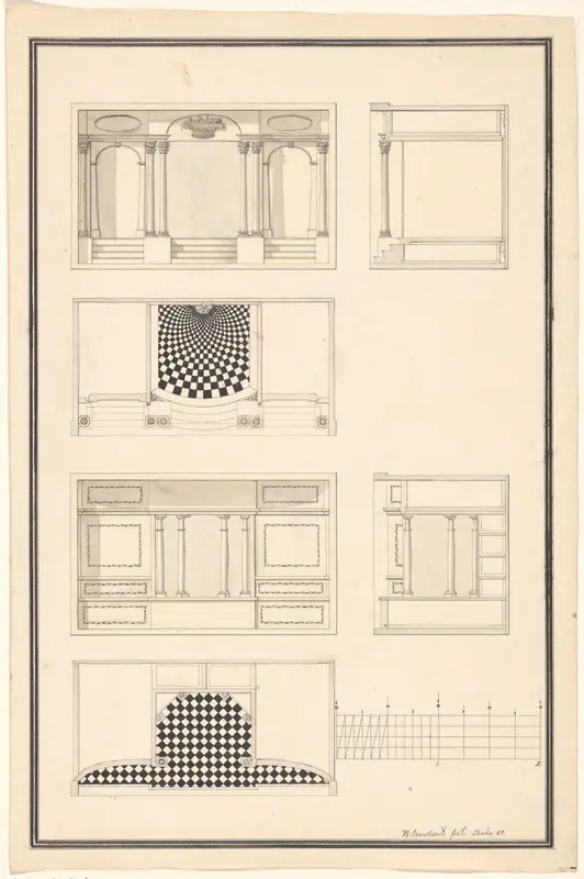 Binnenwerk van het bovendeel van twee secretaires, beide in voor- en zijaanzicht met daaronder een doorsnede Wall Art by Unknown - High-Resolution Digital Print