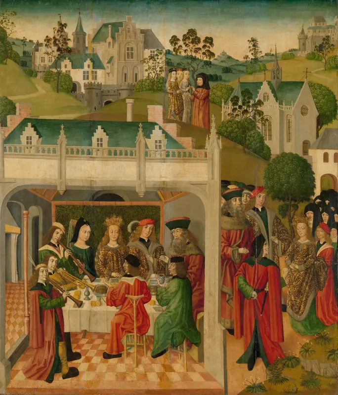 Binnenzijde linker vleugel van een altaarstuk met het huwelijksfeest van de heilige Elisabeth en Lodewijk van Thüringen op de Wartburg Wall Art by Master of the St Elizabeth Panels - High-Resolution Digital Print