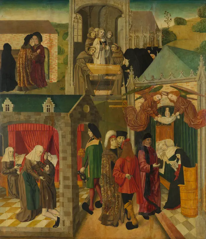 Binnenzijde van de rechtervleugel van een altaarstuk met de heilige Elisabeth die de zieken in Marburg verzorgt en de dood van de heilige Elisabeth Wall Art by Master of the St Elizabeth Panels - High-Resolution Digital Print