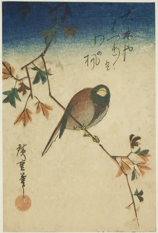 Bird on maple branch Wall Art by Utagawa Hiroshige - High-Resolution Digital Print