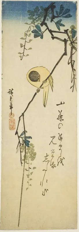 Bird on silky wisteria Wall Art by Utagawa Hiroshige - High-Resolution Digital Print
