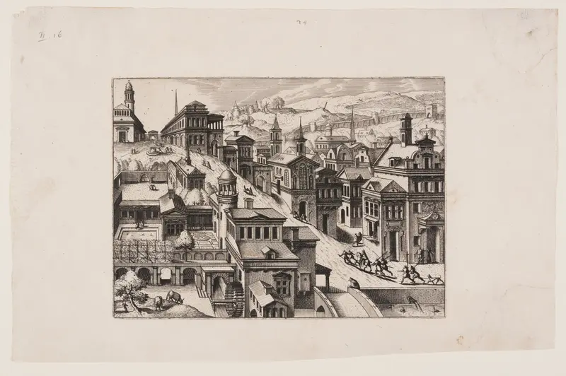 Bird’s-eye view of a town with a street going uphill from bottom right to top left Wall Art by Johannes van Doetecum - High-Resolution Digital Print