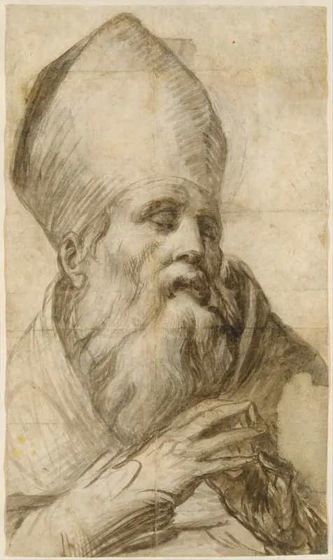 Bishop Saint in Bust-Length (Cartoon for an Altarpiece) Wall Art by Parmigianino (Girolamo Francesco Maria Mazzola) - High-Resolution Digital Print