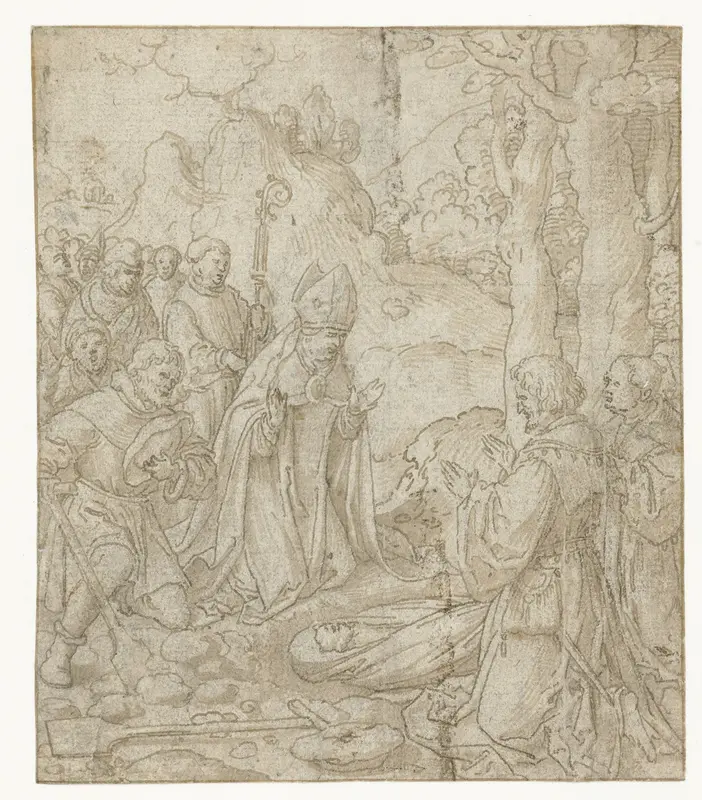 Bisschop (de heilige Martinus?) wekt een man weer tot leven Wall Art by Unknown - High-Resolution Digital Print